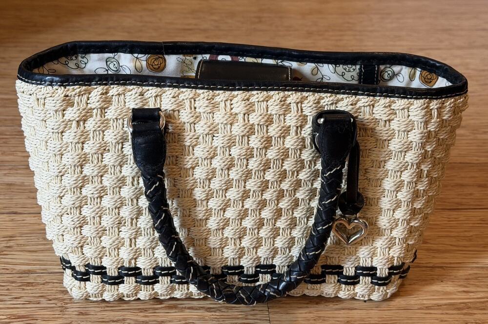 Brighton Woven Jute Shoulder Bag Satchel Peggy Black Braided Strap Heart Charm